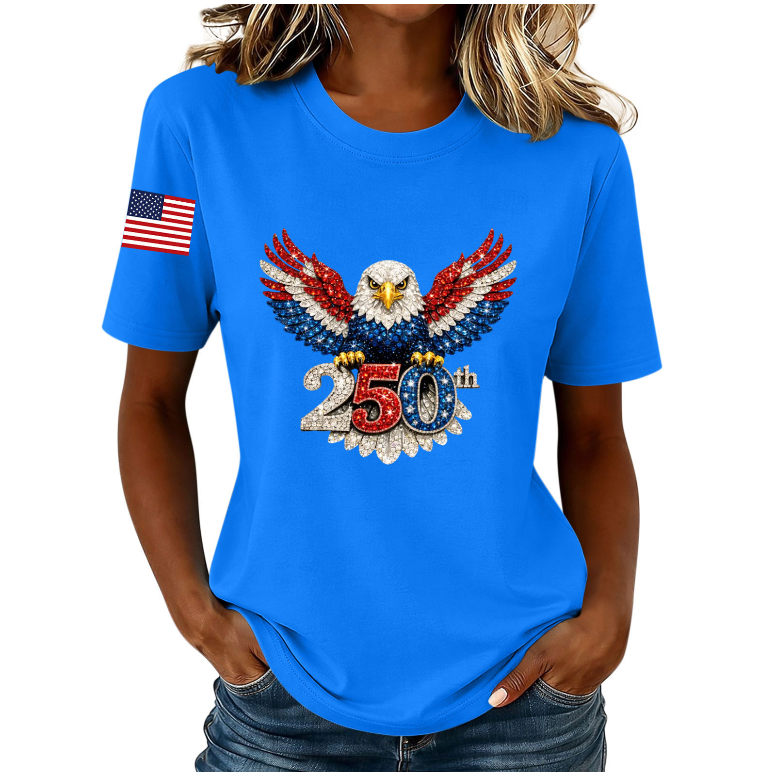 Women's 250th Anniversary Print Shirt Bald Eagle and USA Flag Patriotic Tshirt