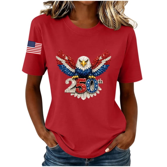 Women's 250th Anniversary Print Shirt Bald Eagle and USA Flag Patriotic Tshirt