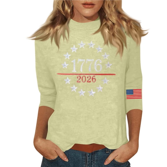 Women's 250th Anniversary Shirts Patriotic Crewneck 3/4 Sleeve American Flag Print Tees Independence Day Classic Fit T-Shirts, #01 Khaki, S