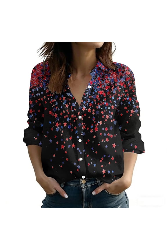 Women's 250th Anniversary USA Shirt Button Down America Flag Tops Independence Day Patriotic 4th of July Long Sleeve Collared Blouse