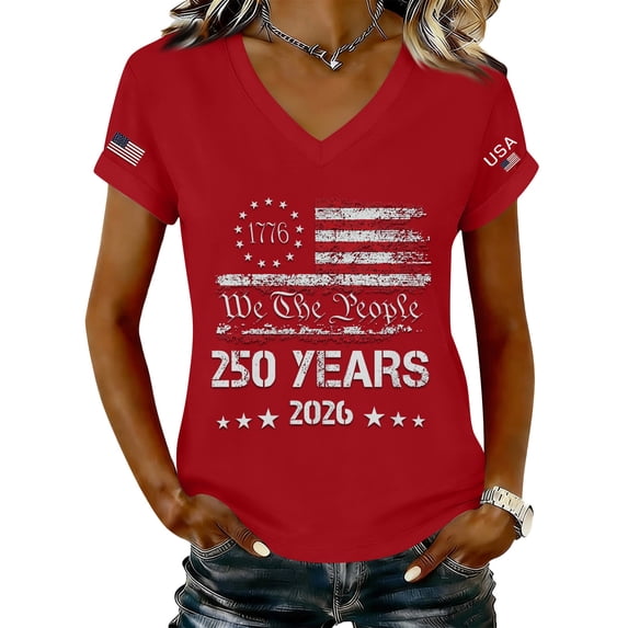 Women's 250th Anniversary USA Shirt Independence Day Top 4th of July Shirts America 250 Merchandise V Neck Flag Graphic Casual Tee