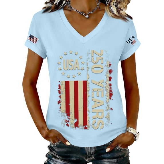 Women's 250th Anniversary USA Shirt Independence Day Top 4th of July Shirts America 250 Merchandise V Neck Flag Graphic Casual Tee