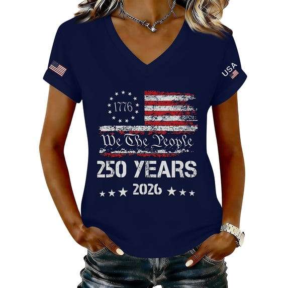 Women's 250th Anniversary USA Shirt Independence Day Top 4th of July Shirts America 250 Merchandise V Neck Flag Graphic Casual Tee