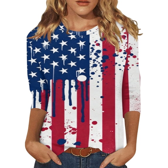 Women's 250th Anniversary USA Shirt Patriotic American Flag Print Crew Neck 3/4 Sleeve T-Shirt
