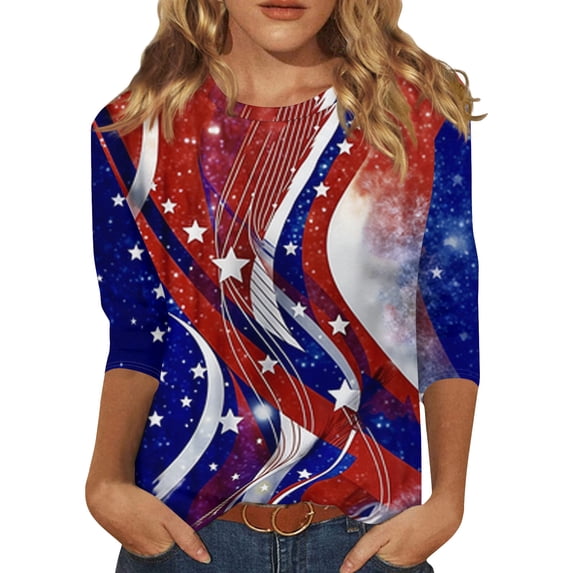 Women's 250th Anniversary USA Shirt Patriotic American Flag Print Crew Neck 3/4 Sleeve T-Shirt
