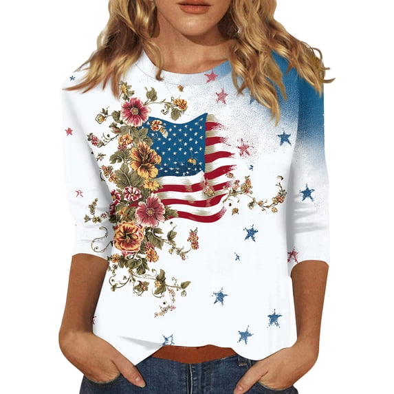 Women's 250th Anniversary USA Shirt Patriotic American Flag Print Crew Neck 3/4 Sleeve T-Shirt