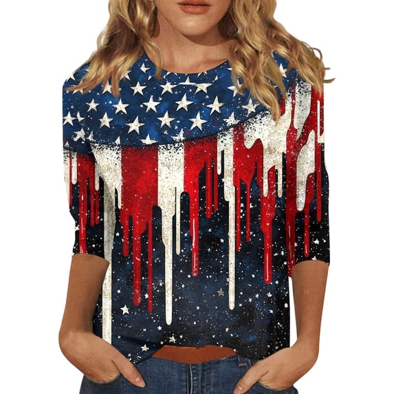 Women's 250th Anniversary USA Shirt Patriotic American Flag Print Crew Neck 3/4 Sleeve T-Shirt