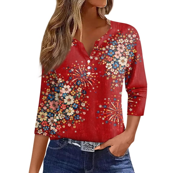 Women's 250th Anniversary USA Shirt Patriotic American Flag Print V-Neck Button 3/4 Sleeve T-Shirt