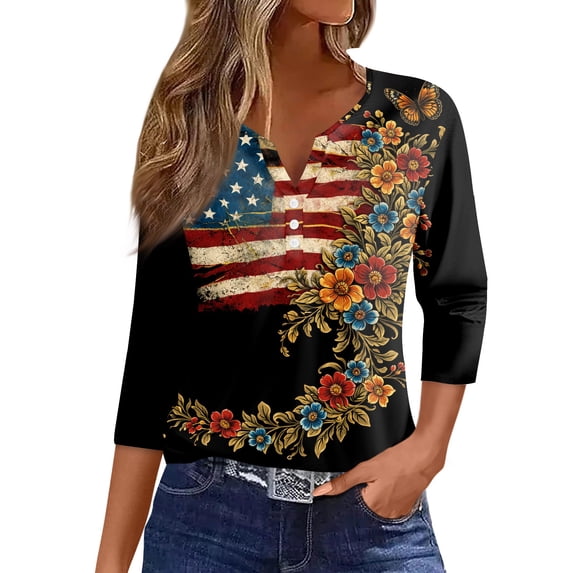 Women's 250th Anniversary USA Shirt Patriotic American Flag Print V-Neck Button 3/4 Sleeve T-Shirt