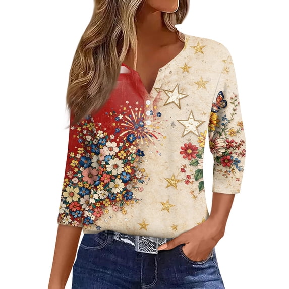 Women's 250th Anniversary USA Shirt Patriotic American Flag Print V-Neck Button 3/4 Sleeve T-Shirt