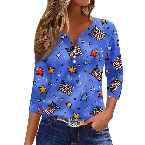Women's 250th Anniversary USA Shirt Patriotic American Flag Print V-Neck Button 3/4 Sleeve T-Shirt