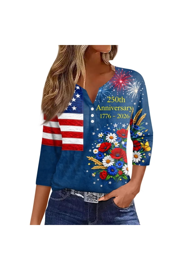 Women's 250th Anniversary USA Shirt Patriotic American Flag Print V-Neck Button 3/4 Sleeve T-Shirt