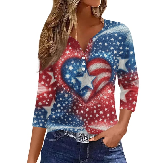 Women's 250th Anniversary USA Shirt Patriotic American Flag Print V-Neck Button 3/4 Sleeve T-Shirt