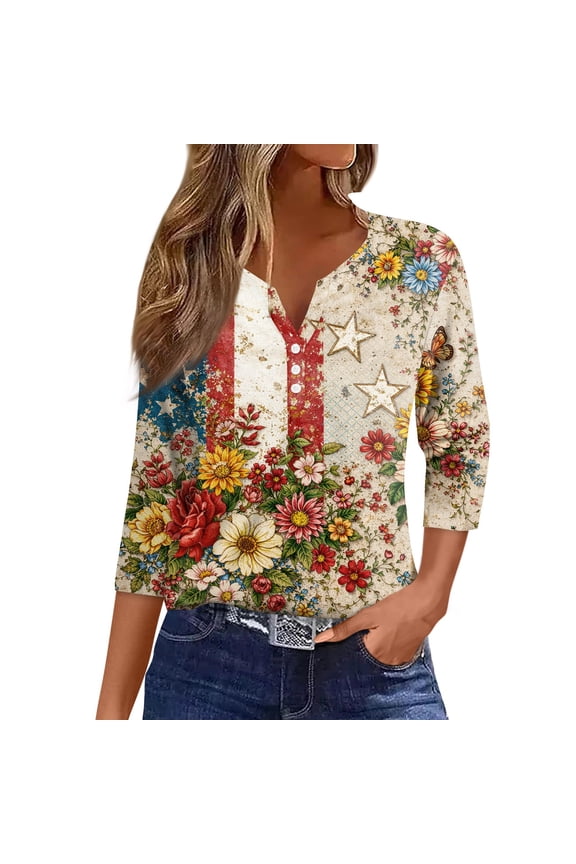Women's 250th Anniversary USA Shirt Patriotic American Flag Print V-Neck Button 3/4 Sleeve T-Shirt