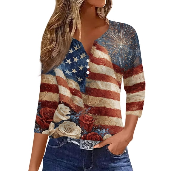 Women's 250th Anniversary USA Shirt Patriotic American Flag Print V-Neck Button 3/4 Sleeve T-Shirt