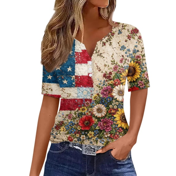 Women's 250th Anniversary USA Shirt Patriotic Flag Print V-Neck Button Short Sleeve T-Shirts