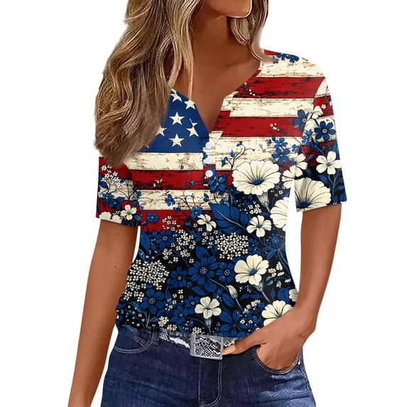Women's 250th Anniversary USA Shirt Patriotic Flag Print V-Neck Button Short Sleeve T-Shirts