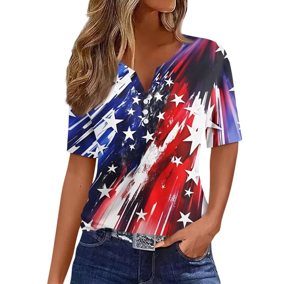 Women's 250th Anniversary USA Shirt V-Neck Button Patriotic Star Print Short Sleeve T-Shirts Independence Day Top