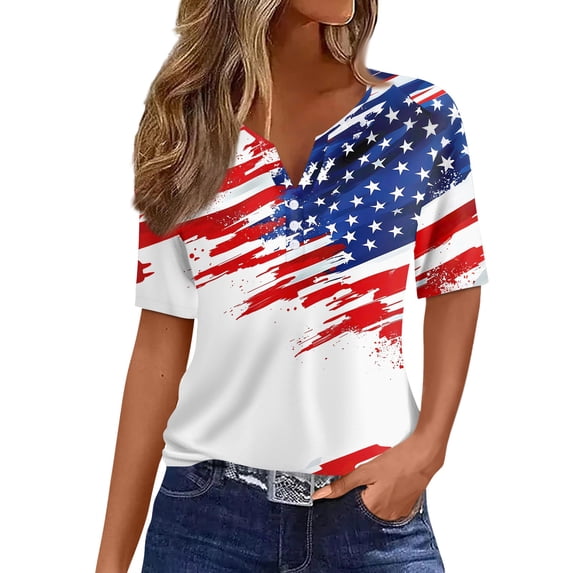Women's 250th Anniversary USA Shirt V-Neck Button Patriotic Star Print Short Sleeve T-Shirts Independence Day Top