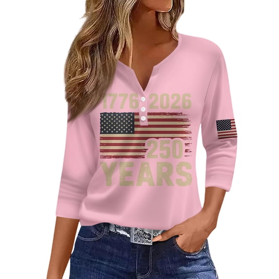 Women's 250th Anniversary USA Tee 3/4 Length Sleeve V Neck Button Down American Flag Patriotic Shirts