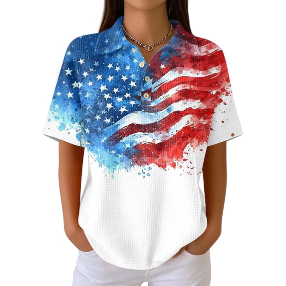 Women's 250th Anniversary Usa Flag T-Shirt Patriotic Usa Flag Print V-Neck Button Down Polo Shirts Celebration Regular Fit Comfy Casual Daily Tops,M,#02 White