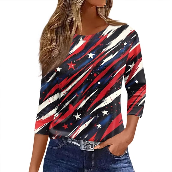 Women's 250th Anniversary Usa Shirt Independence Day Patriotic Star Print Crew Neck 3/4 Sleeve July 4th Top