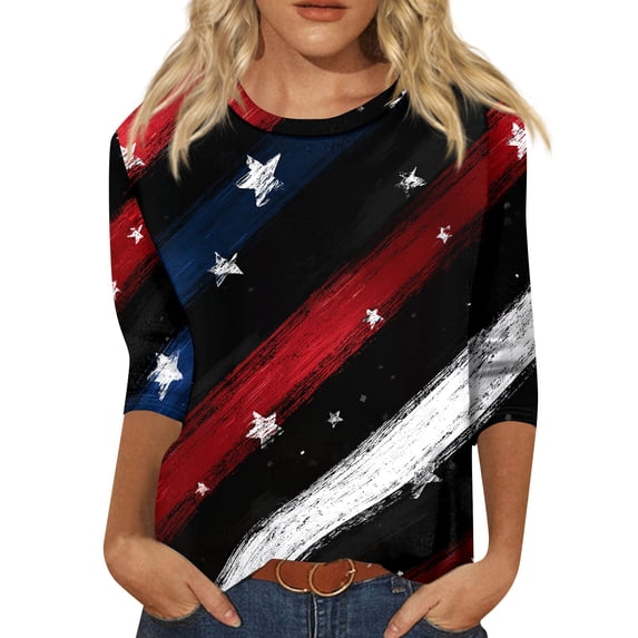 Women's 250th Anniversary Usa Shirt Independence Day Patriotic Star Print Crew Neck 3/4 Sleeve July 4th Top
