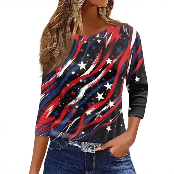 Women's 250th Anniversary Usa Shirt Independence Day Patriotic Star Print Crew Neck 3/4 Sleeve July 4th Top
