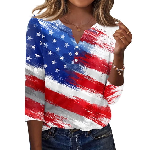 Women's 250th Anniversary Usa Shirt Independence Day Patriotic Star Print V-Neck Button 3/4 Sleeve July 4th