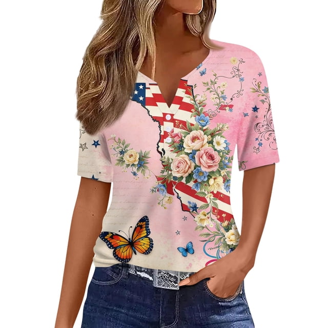 Women's 250th Anniversary Usa Shirt Independence Day Patriotic Star Stripe Print V-Neck Button Short Sleeve Top