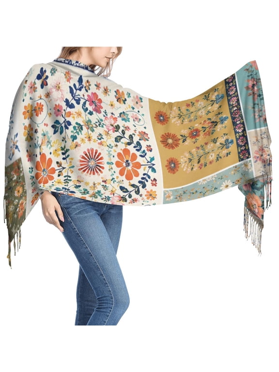 Women's 26 x 77 in Long Shawl Wrap Orange, Blue and Brown Printed Fringe Scarf for Work, Weekend and Daily Styling