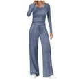 thumbnail image 1 of Women's 2PC Outfit Set Long Sleeve Square Neck Silm Pullover Shirt Elastic Waist Wide Leg Pants Solid Loungewear Suit with Pockets Navy L, 1 of 6