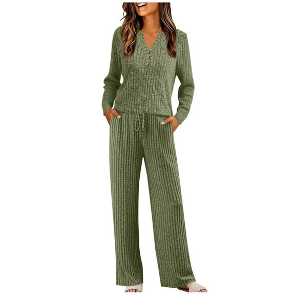 Women's 2PC Outfit Set Ribbed Long Sleeve V Neck Pullover Top Elastic Waist Straight Leg Pants Loungewear Suit with Pockets Olive Green 2XL