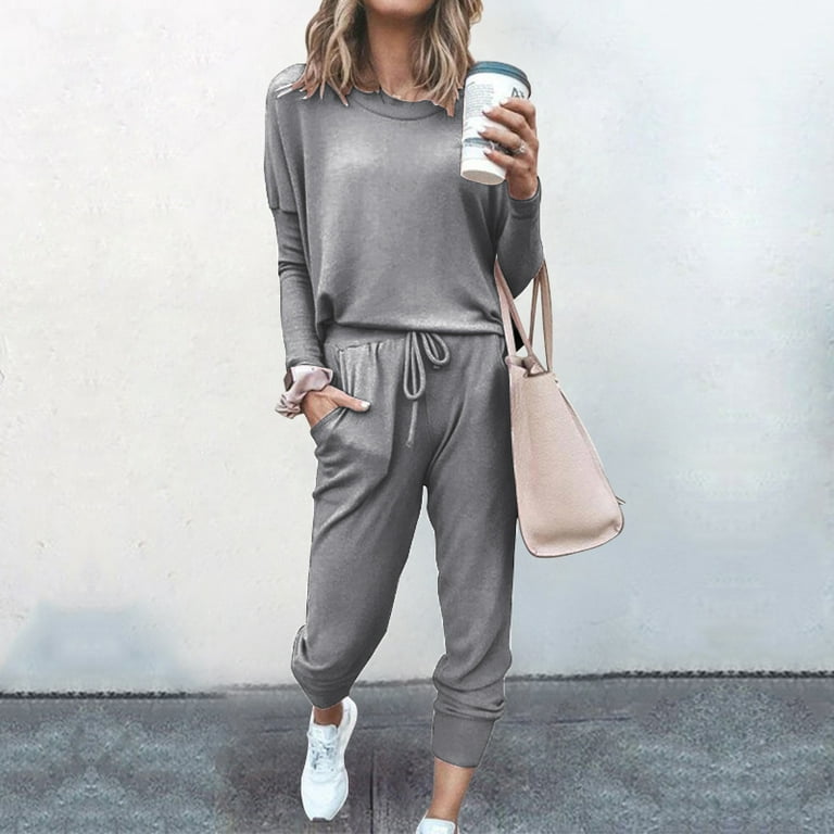 Women' s 2PCS Casual Outfit Sportswear Sport Outfits Long Sleeve Tops and  Drawstring Sweatpants Tracksuits Set 