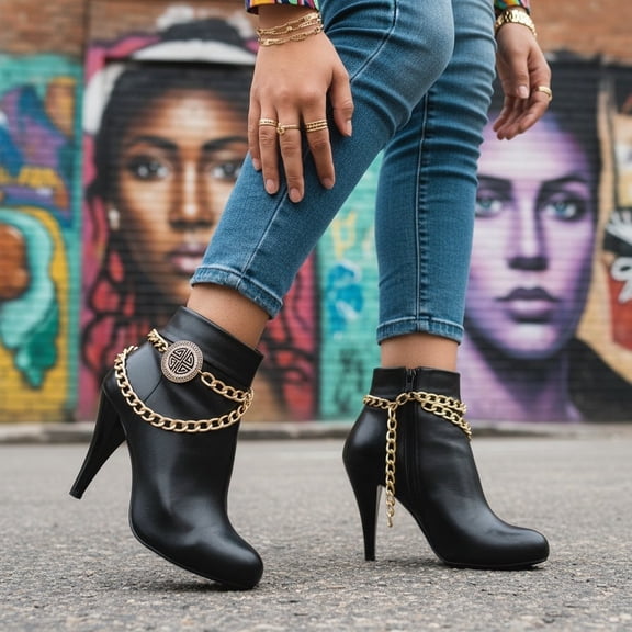 Womens 2PCS Gold Boot Chain Bracelet Set Western Biker Punk Shoe Anklets With Medallion Charm, Adjustable BC17