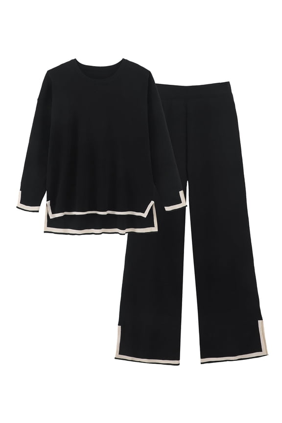 Women's 2PCS Outfits Set Pajamas Set Color-blocked Slit Long Sleeve Knitted Top Pants Set Fall Casual Outfits for Women Black, Size S-XL