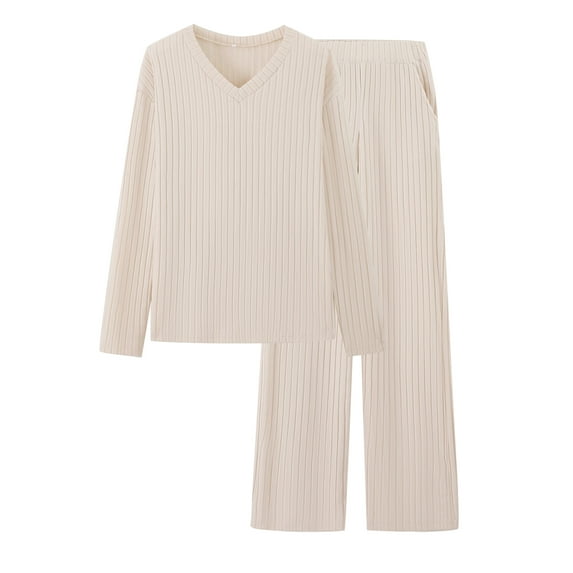 Women's 2PCS Outfits Set Pajamas Set Solid Color Long Sleeve Knitted Top Pants Set Fall Casual Outfits for Women Apricot, Size S-XXL