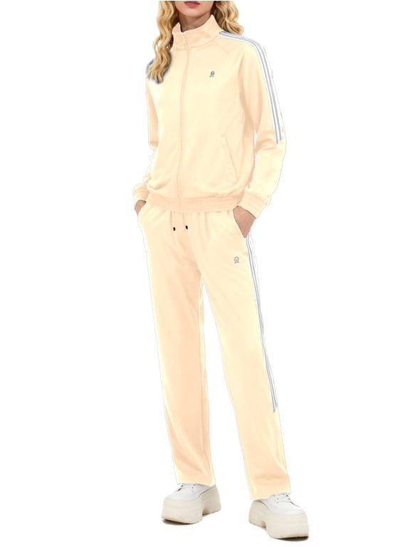 Women's 2Pc Full Zip Tracksuit, 4 Way Stretch with Reflective Stripes & Zipper Pockets for Golf Running Gym Beige L