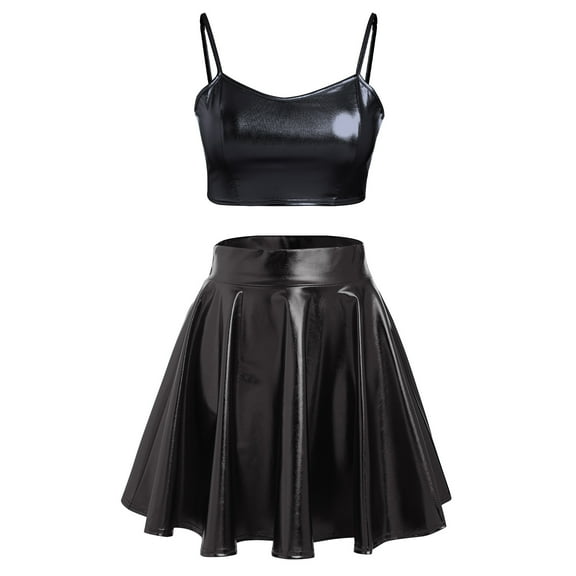 Women's 2Piece Metallic Outfit Shiny Off Shoulder Crop Top   Silver Mini Skirt Dress Alien Costume Rave Clubwear L Black