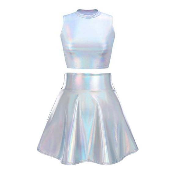 Women's 2Piece Metallic Outfit Shiny Off Shoulder Crop Top + Silver Mini Skirt Dress Alien Costume Rave Clubwear L Holographic Silver - Turtleneck