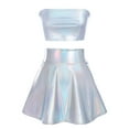 thumbnail image 1 of Women's 2Piece Metallic Outfit Shiny Off Shoulder Crop Top + Silver Mini Skirt Dress Alien Costume Rave Clubwear L Holographic Silver, 1 of 8