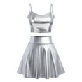 thumbnail image 1 of Women's 2Piece Metallic Outfit Shiny Off Shoulder Crop Top + Silver Mini Skirt Dress Alien Costume Rave Clubwear M Silver - Cami, 1 of 8