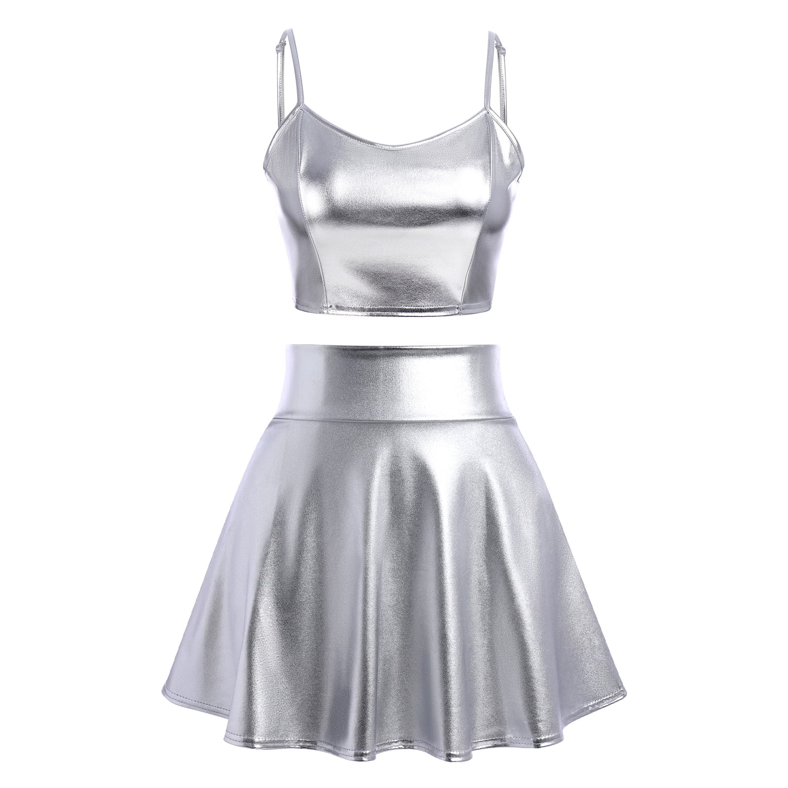 Women's 2Piece Metallic Outfit Shiny Off Shoulder Crop Top + Silver ...