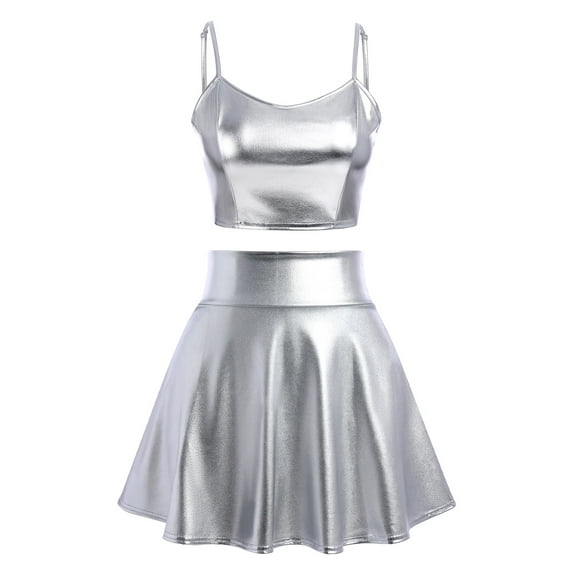 Women's 2Piece Metallic Outfit Shiny Off Shoulder Crop Top + Silver Mini Skirt Dress Alien Costume Rave Clubwear XL Silver - Cami