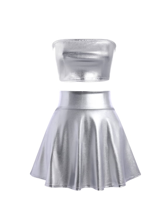Women's 2Piece Metallic Outfit Shiny Off Shoulder Crop Top + Silver Mini Skirt Dress Alien Costume Rave Clubwear XL Silver