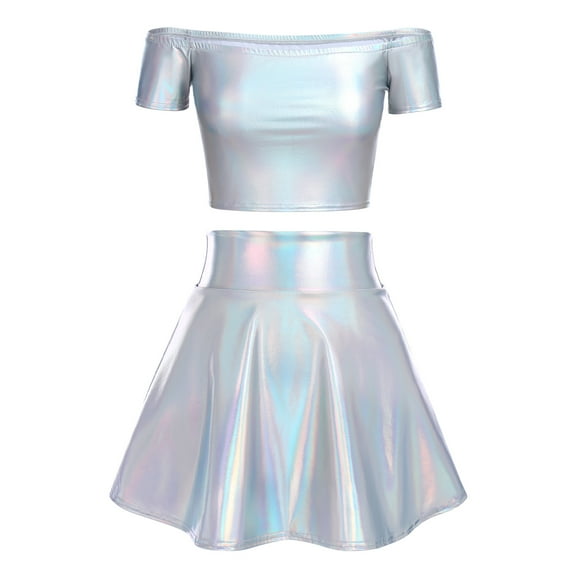 Women's 2Piece Metallic Outfit Shiny Off Shoulder Crop Top Silver Mini Skirt Dress Alien Costume Rave Clubwear XXL Holographic Silver - Off Shoulder
