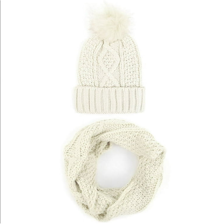 Women's 2pc Knit Hat Infinity Scarf Winter Set-Warm Fuzzy Pom