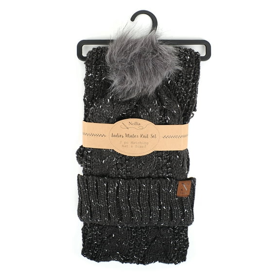 Women's 2pc Speckled Knit Hat & Infinity Scarf Set-Warm Fuzzy Pom Pom Beanie with Scarf (Charcoal)