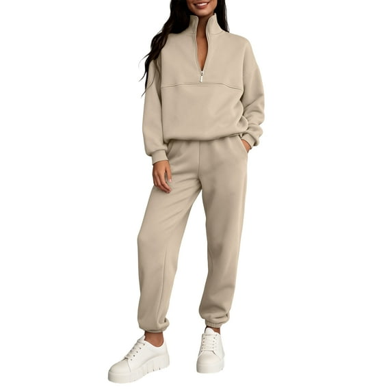 Women's 2pc Sweatshirts Set Joggers Set Tracksuit Casual Half Zipper Top And Pant Sports Pullover With Pockerts Khaki L