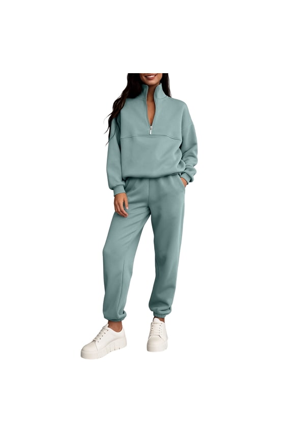 Women's 2pc Sweatshirts Set Joggers Set Tracksuit Casual Half Zipper Top And Pant Sports Pullover With Pockerts Mint Green M